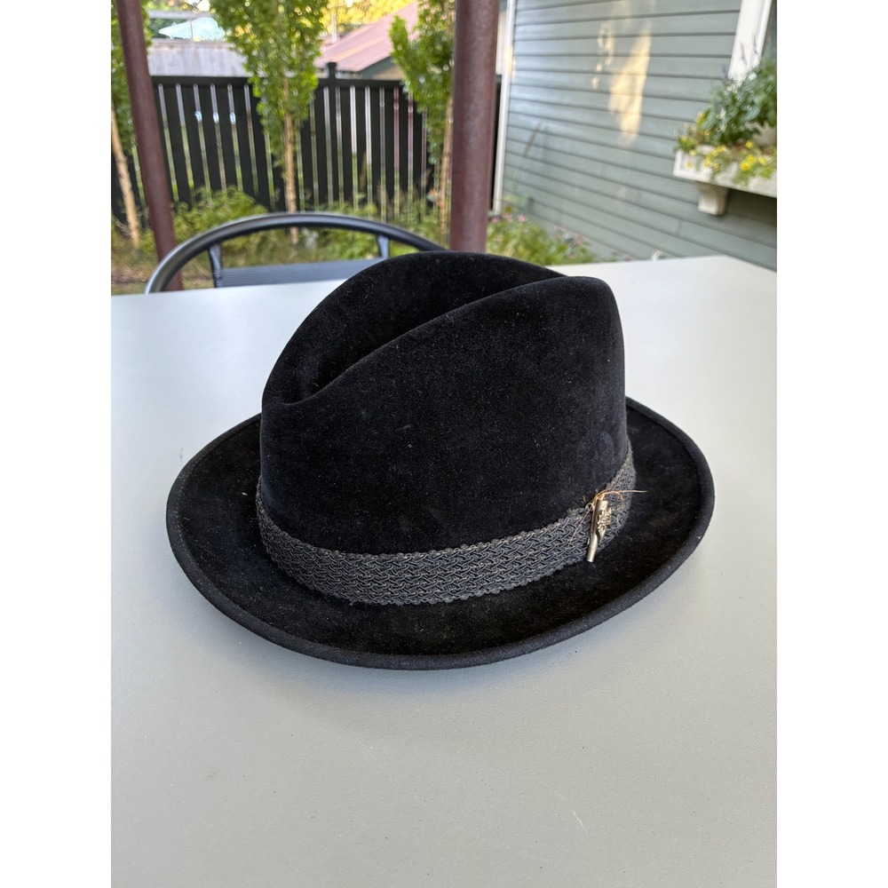 Vintage Alexander Customized Black Felt Fedora Hat Woven Band Floral Pin Size 7